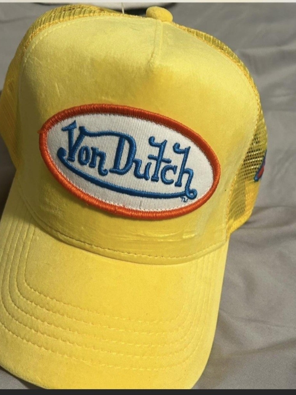 Von Dutch Yellow Mesh Trucker Hat with Blue Logo